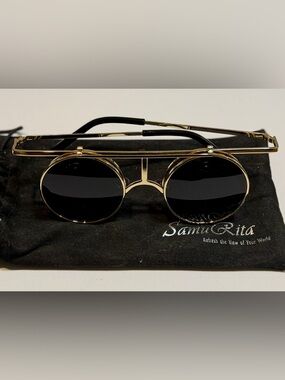 Steampunk Flip-Up Round Sunglasses Gold Frame w/Soft Bag